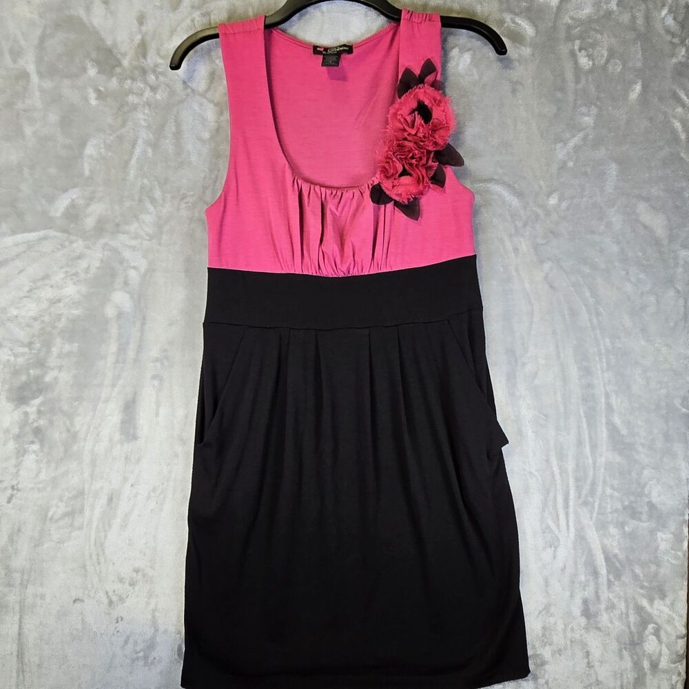 Vintage Y2K Delirious Womens M Babydoll Dress Pink Black Faux 3D Flower Pockets